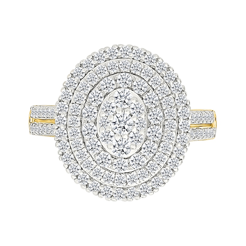 1.23 CT. T.W. Oval-Shaped Multi-Diamond Triple Frame Double Row Shank Bridal Set in 10K Gold