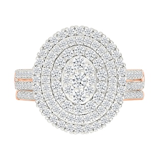 1.23 CT. T.W. Oval-Shaped Multi-Diamond Triple Frame Double Row Shank Bridal Set in 10K Rose Gold