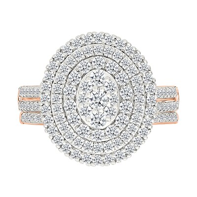 1.23 CT. T.W. Oval-Shaped Multi-Diamond Triple Frame Double Row Shank Bridal Set in 10K Rose Gold