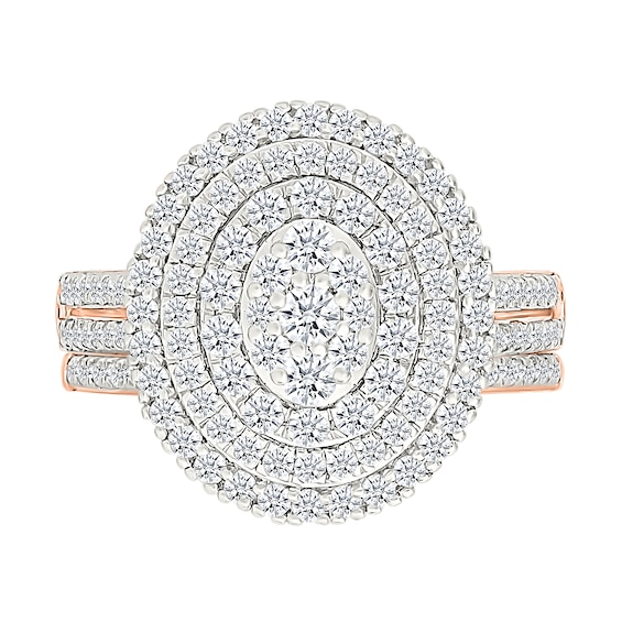 1.23 CT. T.W. Oval-Shaped Multi-Diamond Triple Frame Double Row Shank Bridal Set in 10K Rose Gold