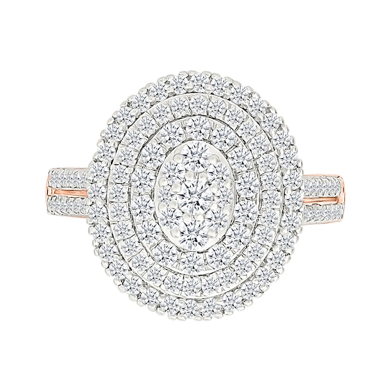 1.23 CT. T.W. Oval-Shaped Multi-Diamond Triple Frame Double Row Shank Bridal Set in 10K Rose Gold