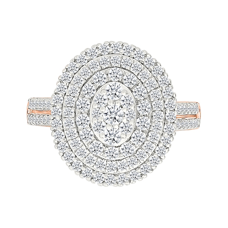 1.23 CT. T.W. Oval-Shaped Multi-Diamond Triple Frame Double Row Shank Bridal Set in 10K Rose Gold