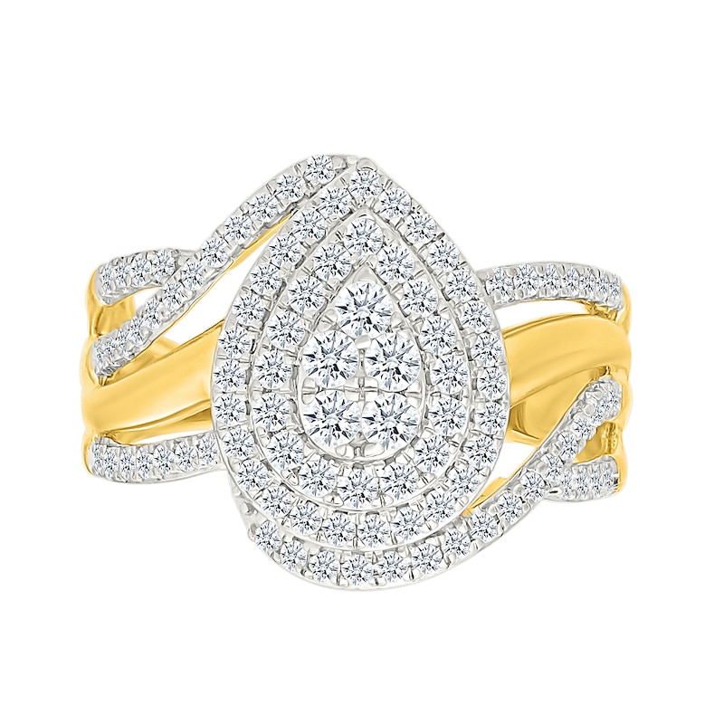 0.95 CT. T.W. Pear-Shaped Multi-Diamond Double Frame Bypass Multi-Row Split Shank Bridal Set in 10K Gold