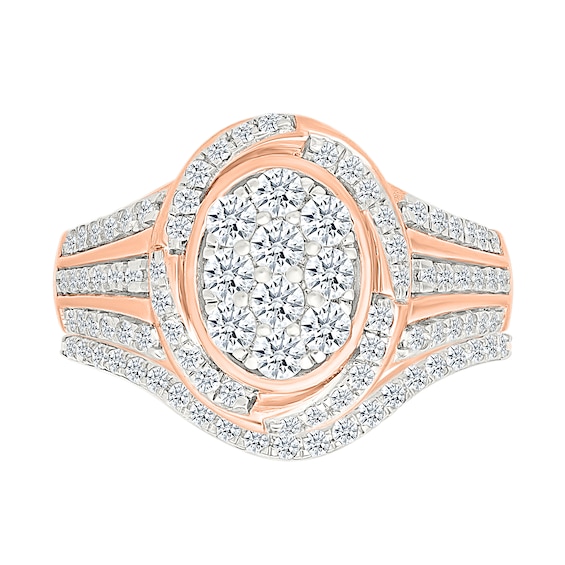 0.95 CT. T.W. Oval-Shaped Multi-Diamond Swirl Frame Triple Row Shank Bridal Set in 10K Rose Gold