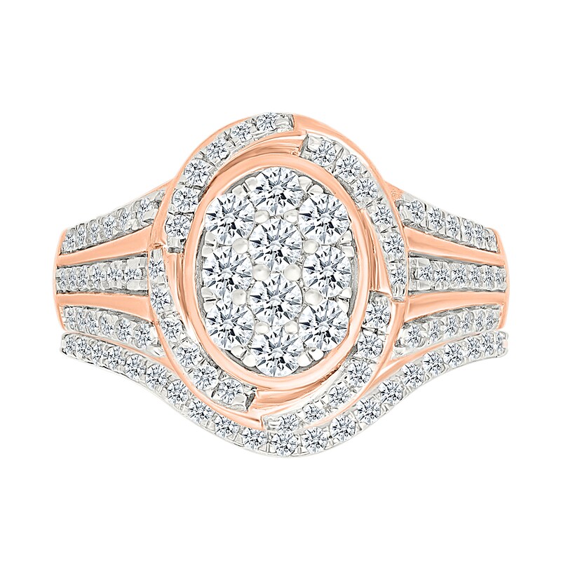 0.95 CT. T.W. Oval-Shaped Multi-Diamond Swirl Frame Triple Row Shank Bridal Set in 10K Rose Gold