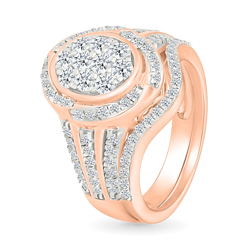 0.95 CT. T.W. Oval-Shaped Multi-Diamond Swirl Frame Triple Row Shank Bridal Set in 10K Rose Gold