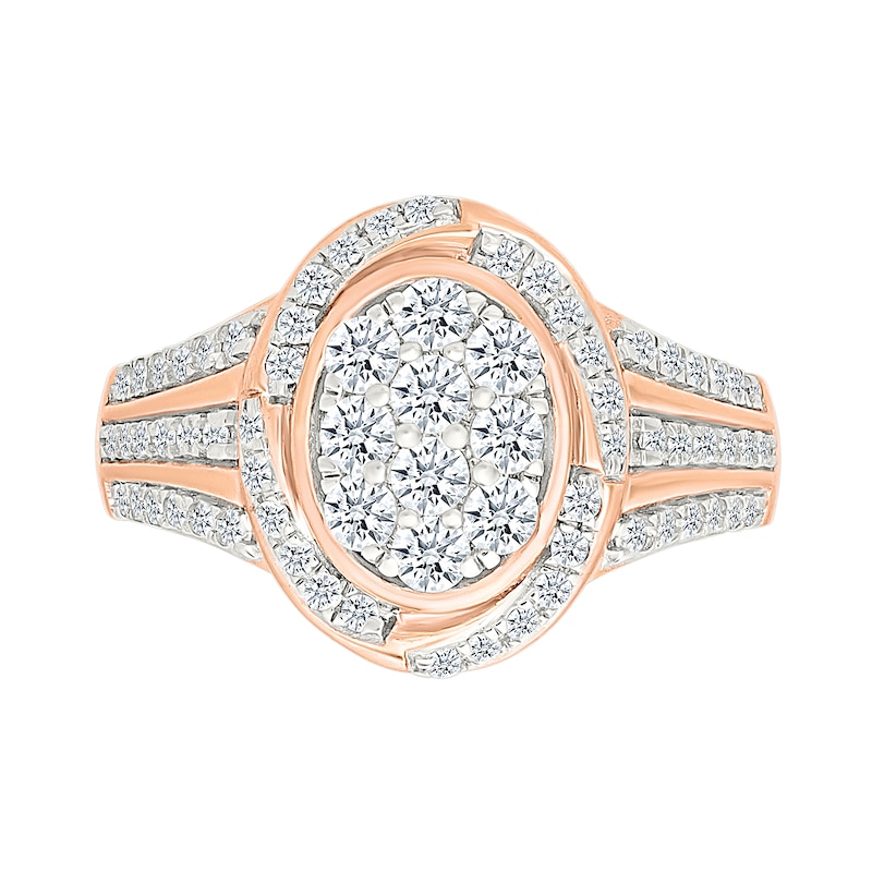 0.95 CT. T.W. Oval-Shaped Multi-Diamond Swirl Frame Triple Row Shank Bridal Set in 10K Rose Gold