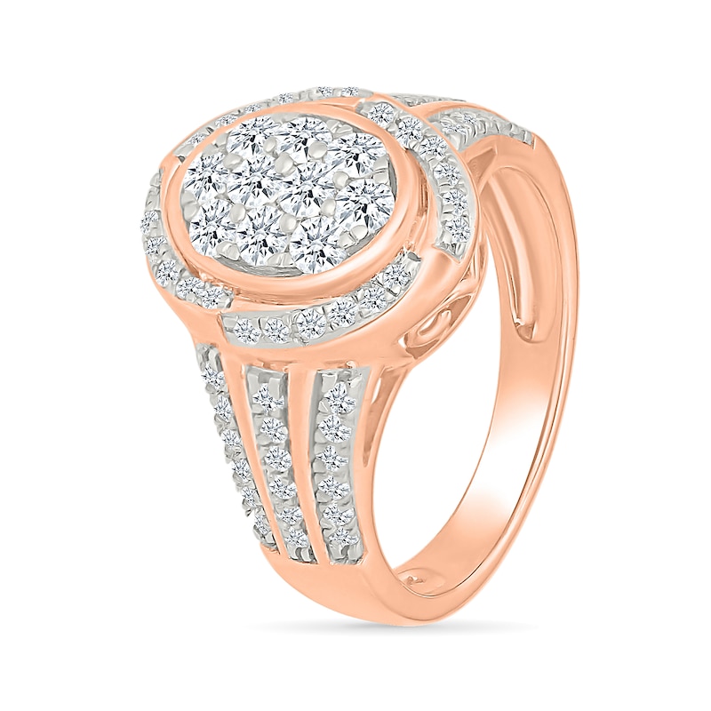 0.95 CT. T.W. Oval-Shaped Multi-Diamond Swirl Frame Triple Row Shank Bridal Set in 10K Rose Gold