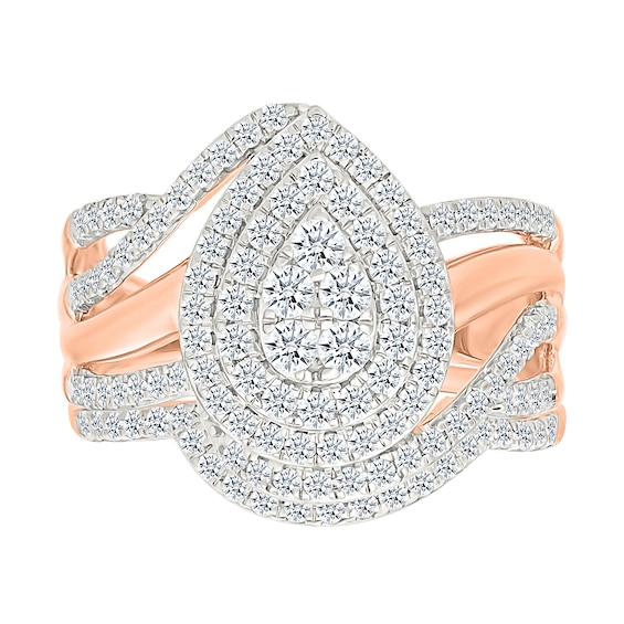 0.95 CT. T.W. Pear-Shaped Multi-Diamond Double Frame Bypass Multi-Row Split Shank Bridal Set in 10K Rose Gold