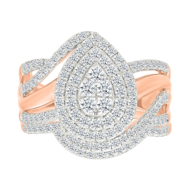 0.95 CT. T.W. Pear-Shaped Multi-Diamond Double Frame Bypass Multi-Row Split Shank Bridal Set in 10K Rose Gold