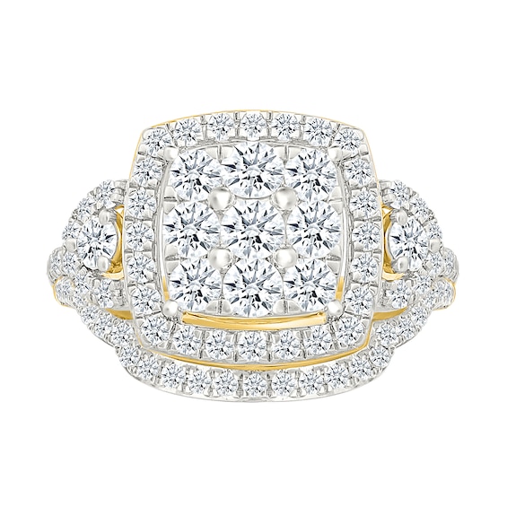 1.23 CT. T.W. Cushion-Shaped Multi-Diamond Frame Collar Bridal Set in 10K Gold