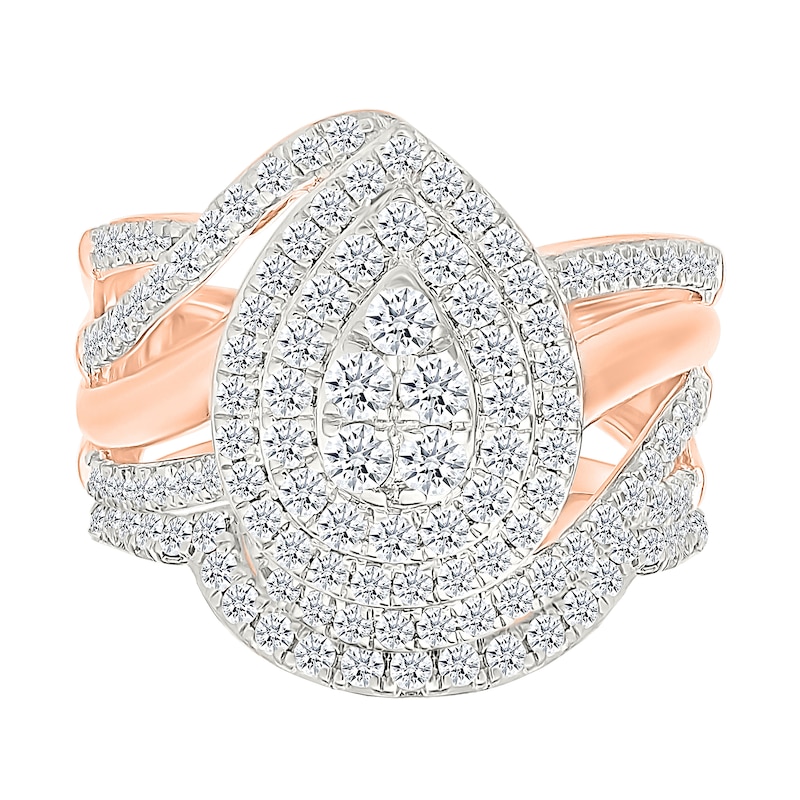 1.23 CT. T.W. Pear-Shaped Multi-Diamond Double Frame Bypass Split Shank Bridal Set in 10K Rose Gold