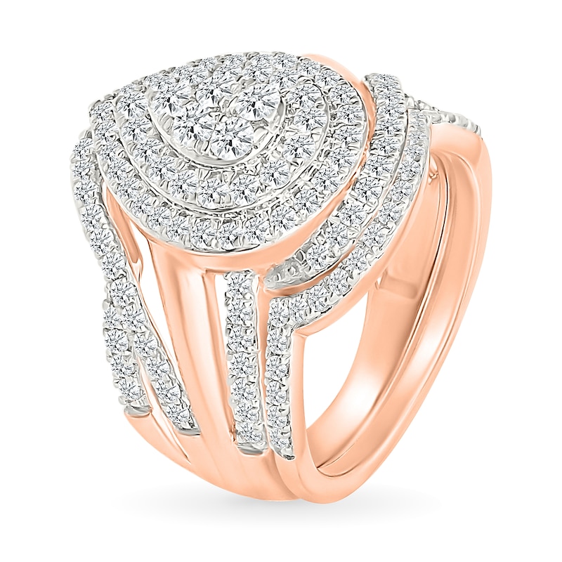 1.23 CT. T.W. Pear-Shaped Multi-Diamond Double Frame Bypass Split Shank Bridal Set in 10K Rose Gold