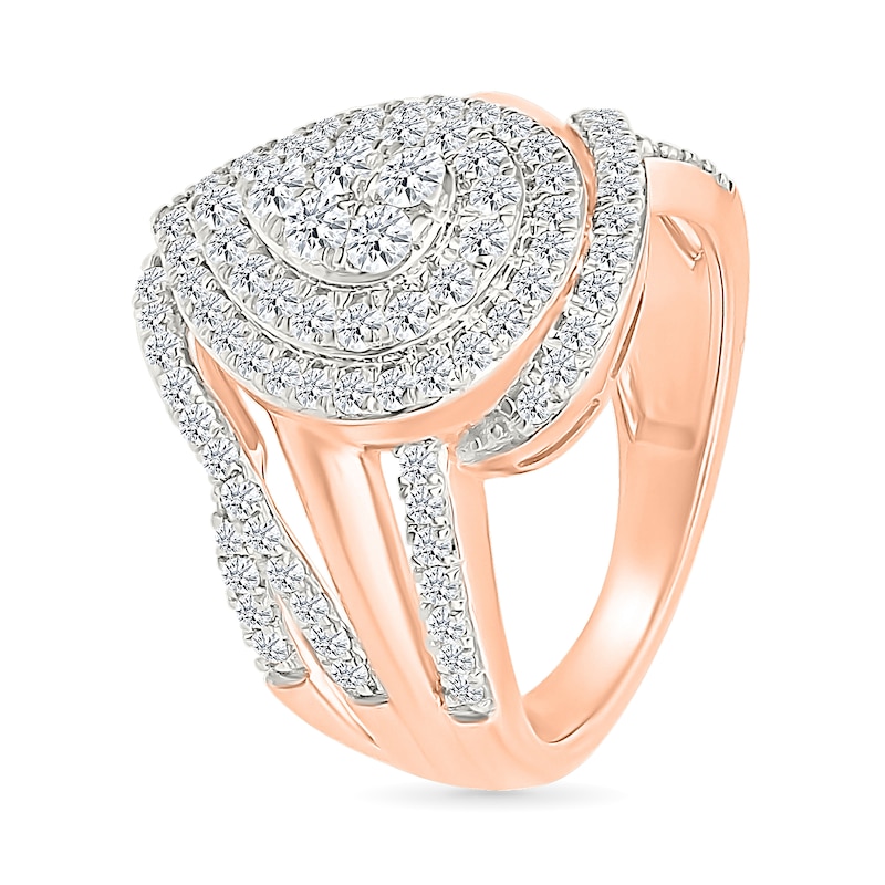 1.23 CT. T.W. Pear-Shaped Multi-Diamond Double Frame Bypass Split Shank Bridal Set in 10K Rose Gold