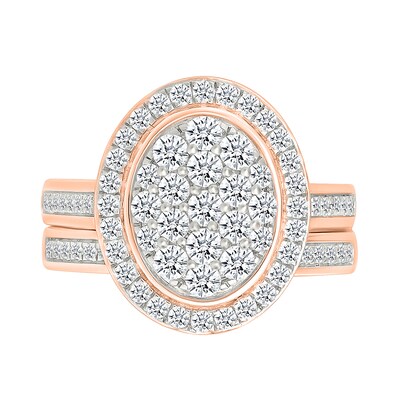 1.23 CT. T.W. Oval-Shaped Multi-Diamond Bezel Frame Bridal Set in 10K Rose Gold