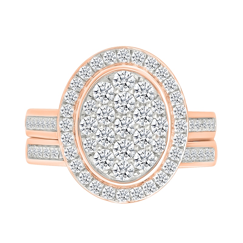 1.23 CT. T.W. Oval-Shaped Multi-Diamond Bezel Frame Bridal Set in 10K Rose Gold