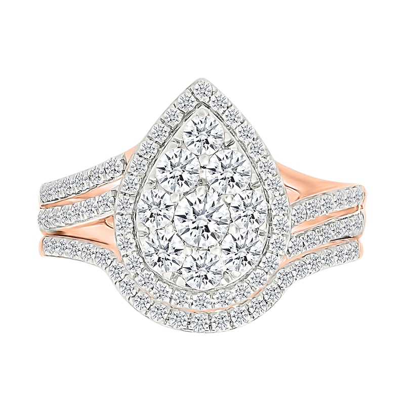 1.23 CT. T.W. Pear-Shaped Multi-Diamond Frame Double Row Bypass Shank Bridal Set in 10K Rose Gold