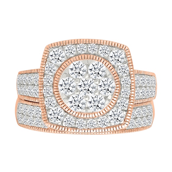 1.45 CT. T.W. Multi-Diamond Cushion Frame Vintage-Style Bridal Set in 10K Rose Gold