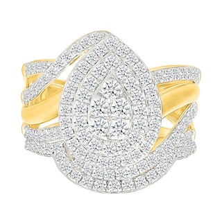 1.23 CT. T.W. Pear-Shaped Multi-Diamond Double Frame Bypass Split Shank Bridal Set in 10K Gold