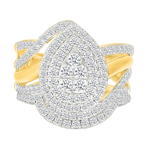 1.23 CT. T.W. Pear-Shaped Multi-Diamond Double Frame Bypass Split Shank Bridal Set in 10K Gold