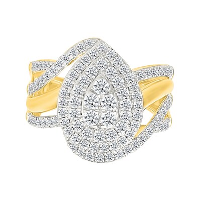 1.23 CT. T.W. Pear-Shaped Multi-Diamond Double Frame Bypass Split Shank Bridal Set in 10K Gold