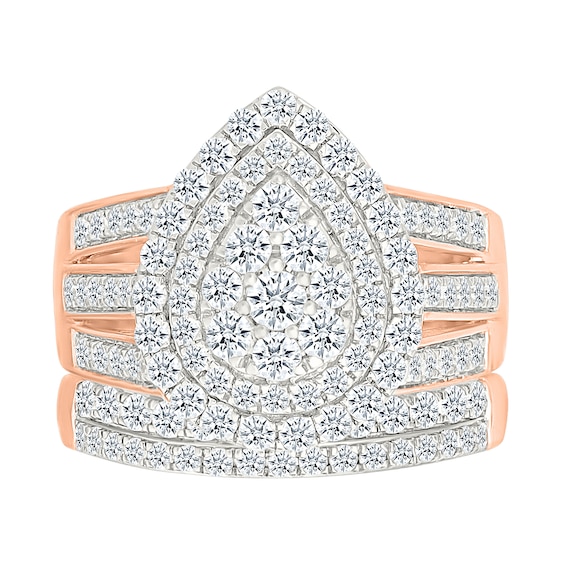 1.45 CT. T.W. Pear-Shaped Multi-Diamond Double Frame Triple Row Split Shank Bridal Set in 10K Rose Gold