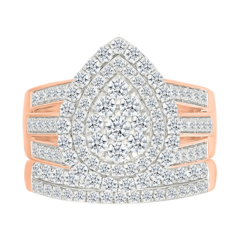 1.45 CT. T.W. Pear-Shaped Multi-Diamond Double Frame Triple Row Split Shank Bridal Set in 10K Rose Gold