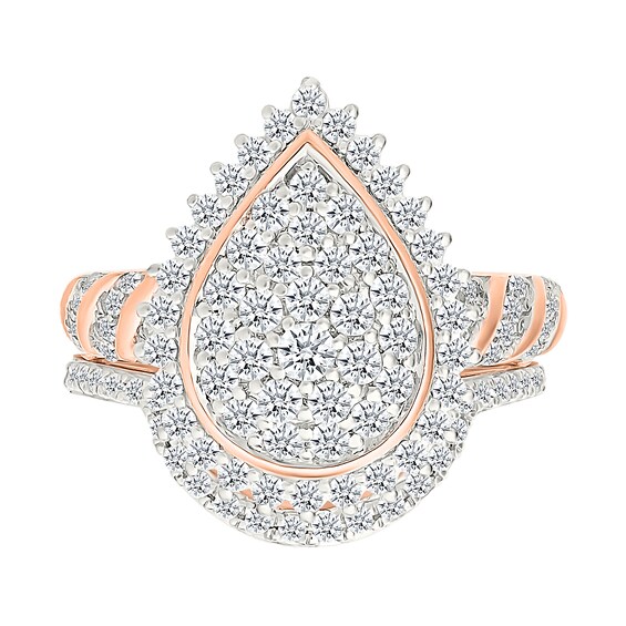 1.23 CT. T.W. Pear-Shaped Multi-Diamond Sunburst Frame Bridal Set in 10K Rose Gold