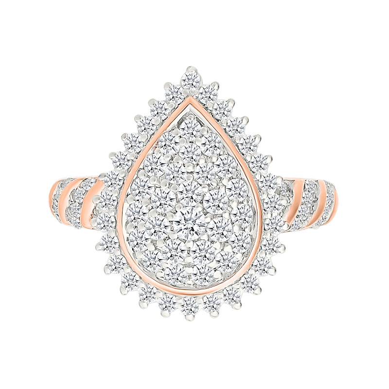 1.23 CT. T.W. Pear-Shaped Multi-Diamond Sunburst Frame Bridal Set in 10K Rose Gold