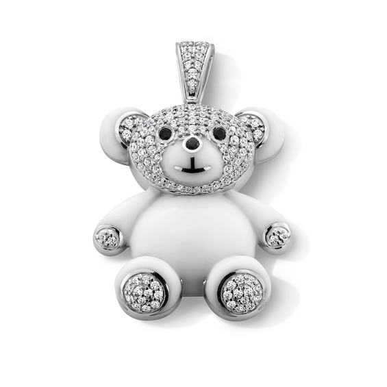 0.50 CT. T.W. Black and White Diamond Ceramic Teddy Bear Necklace Charm in Sterling Silver