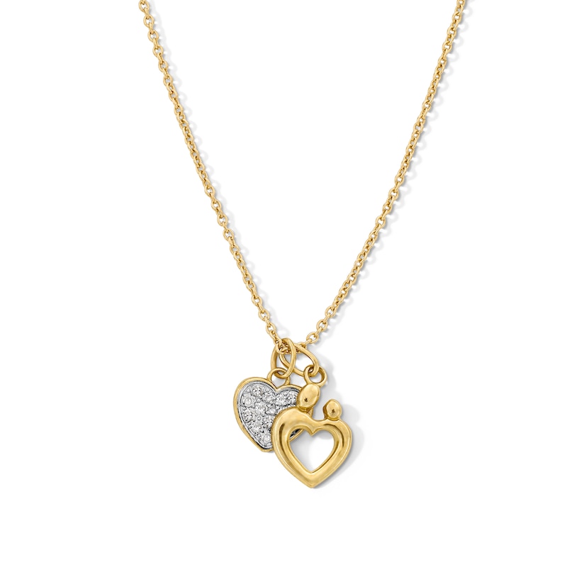 Main Image 1 of 0.04 CT. T.W. Heart-Shaped Multi-Diamond Motherly Love Double Charm Pendant in 10K Gold