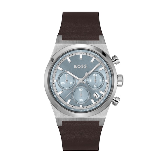 Men's Hugo Boss Candor Brown Leather Strap Chronograph Watch with Grey-Blue Dial (Model: 1514219)