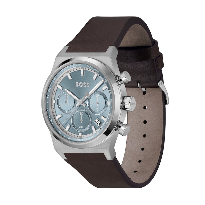 Men's Hugo Boss Candor Brown Leather Strap Chronograph Watch with Grey-Blue Dial (Model: 1514219)