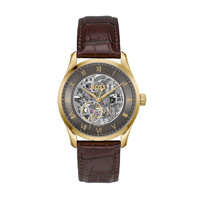 Men's Hugo Boss Principle Gold-Tone IP Brown Leather Strap Automatic Watch with Grey Skeleton Dial (Model: 1514235)