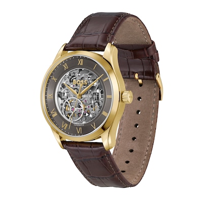 Men's Hugo Boss Principle Gold-Tone IP Brown Leather Strap Automatic Watch with Grey Skeleton Dial (Model: 1514235)