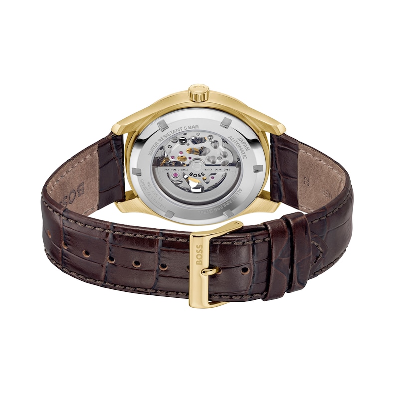 Men's Hugo Boss Principle Gold-Tone IP Brown Leather Strap Automatic Watch with Grey Skeleton Dial (Model: 1514235)