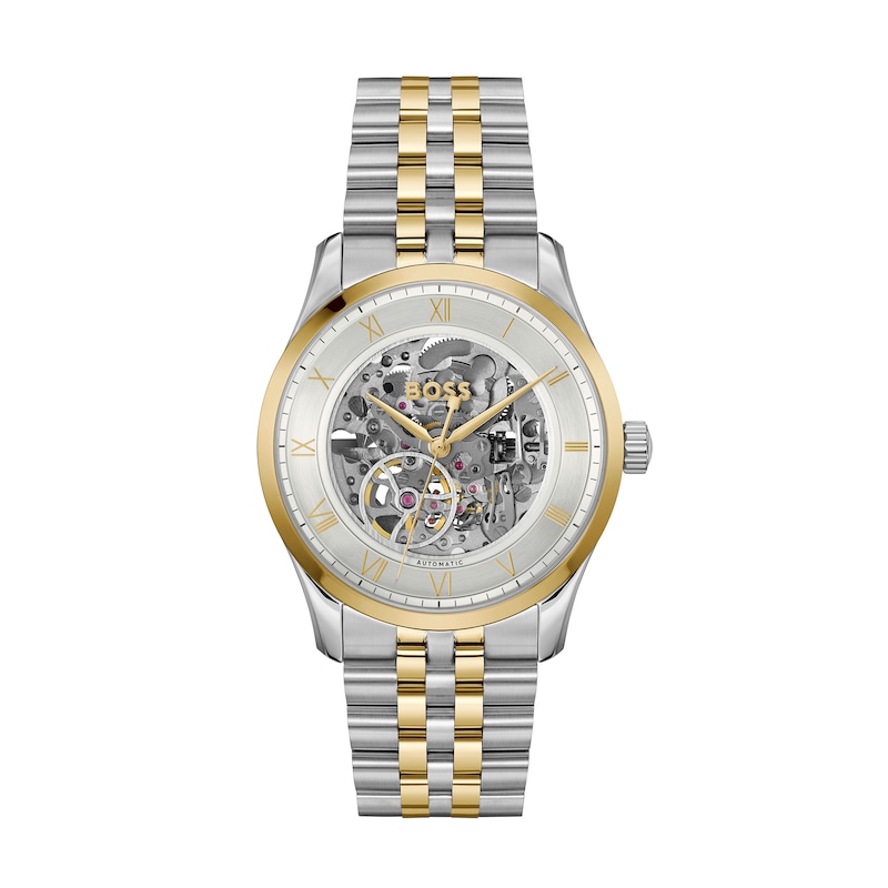 Men's Hugo Boss Principle Two-Tone IP Automatic Watch with Silver-Tone Skeleton Dial (Model: 1514237)