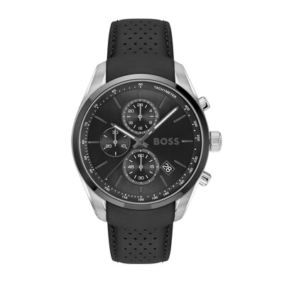 Men's Hugo Boss Grand Prix 44 Black Leather Strap Chronograph Watch with Black Dial (Model: 1514224)