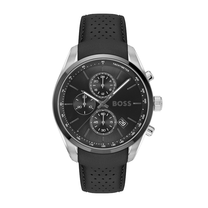 Men's Hugo Boss Grand Prix Black Leather Strap Chronograph Watch with Black Dial (Model: 1514224)