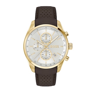 Men's Hugo Boss Grand Prix 44 Gold-Tone Brown Leather Strap Chronograph Watch with Silver-White Dial (Model: 1514225)