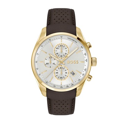 Men's Hugo Boss Grand Prix 44 Gold-Tone Brown Leather Strap Chronograph Watch with Silver-White Dial (Model: 1514225)