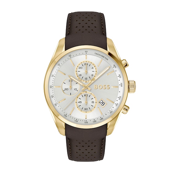 Men's Hugo Boss Grand Prix Gold-Tone IP Brown Leather Strap Chronograph Watch with Silver-White Dial (Model: 1514225)