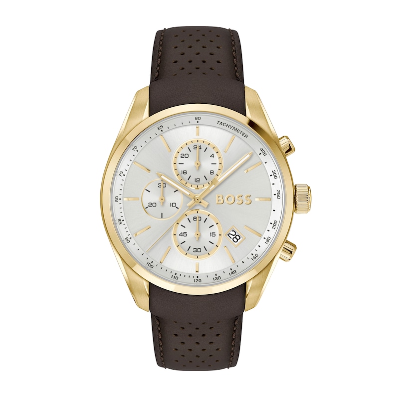 Men's Hugo Boss Grand Prix Gold-Tone IP Brown Leather Strap Chronograph Watch with Silver-White Dial (Model: 1514225)