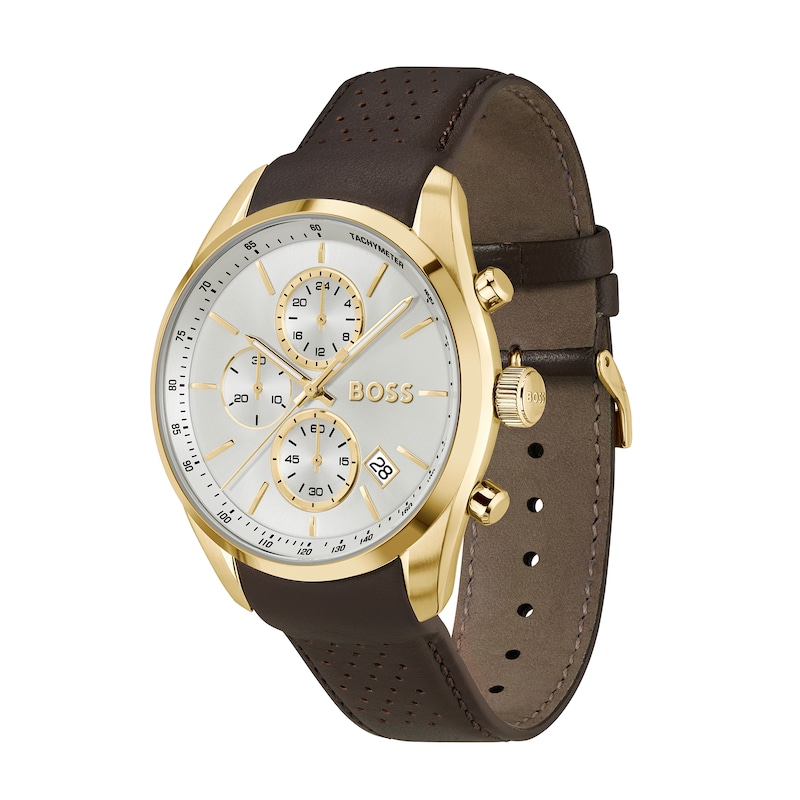 Men's Hugo Boss Grand Prix 44 Gold-Tone Brown Leather Strap Chronograph Watch with Silver-White Dial (Model: 1514225)