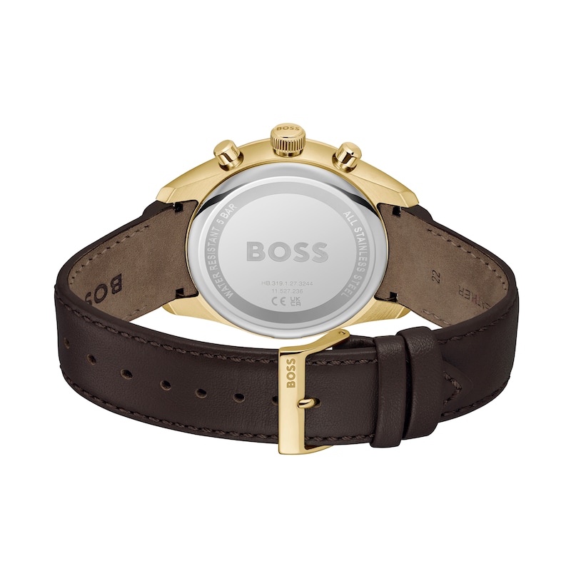 Men's Hugo Boss Grand Prix Gold-Tone IP Brown Leather Strap Chronograph Watch with Silver-White Dial (Model: 1514225)