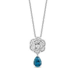 Enchanted Disney Cinderella London Blue Topaz and 0.085 CT. T.W. Diamond Rose Drop Pendant in Sterling Silver - 19&quot;