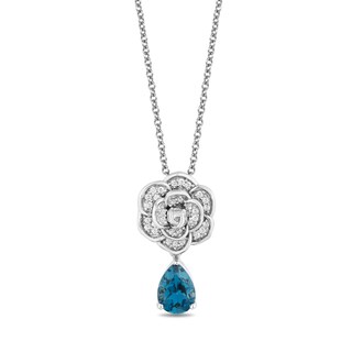 Enchanted Disney Cinderella London Blue Topaz and 0.085 CT. T.W. Diamond Rose Drop Pendant in Sterling Silver - 19"