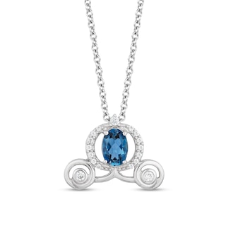 Enchanted Disney Cinderella Oval London Blue Topaz and 0.085 CT. T.W. Diamond Carriage Pendant in Sterling Silver - 19”