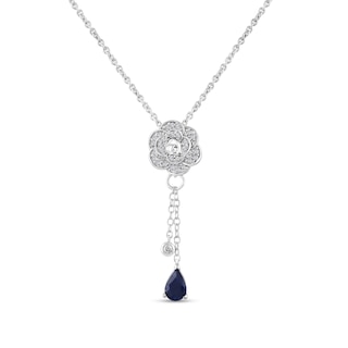 Enchanted Disney Cinderella Pear-Shaped Blue Sapphire and Diamond Rose Lariat Necklace in Sterling Silver