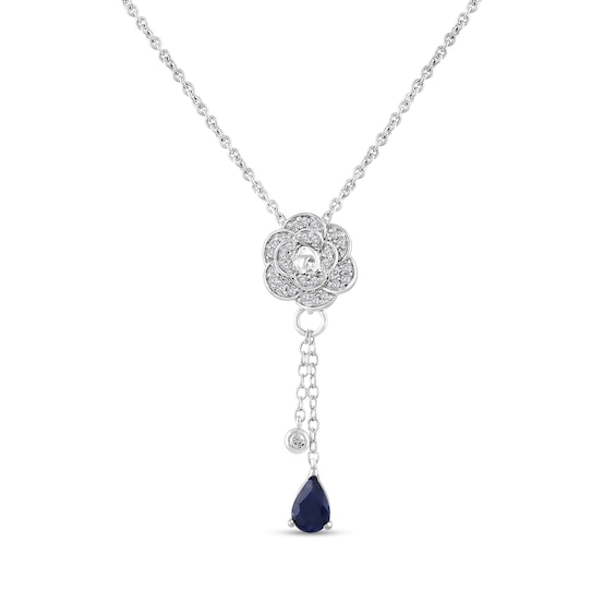 Enchanted Disney Cinderella Pear-Shaped Blue Sapphire and Diamond Rose Lariat Necklace in Sterling Silver